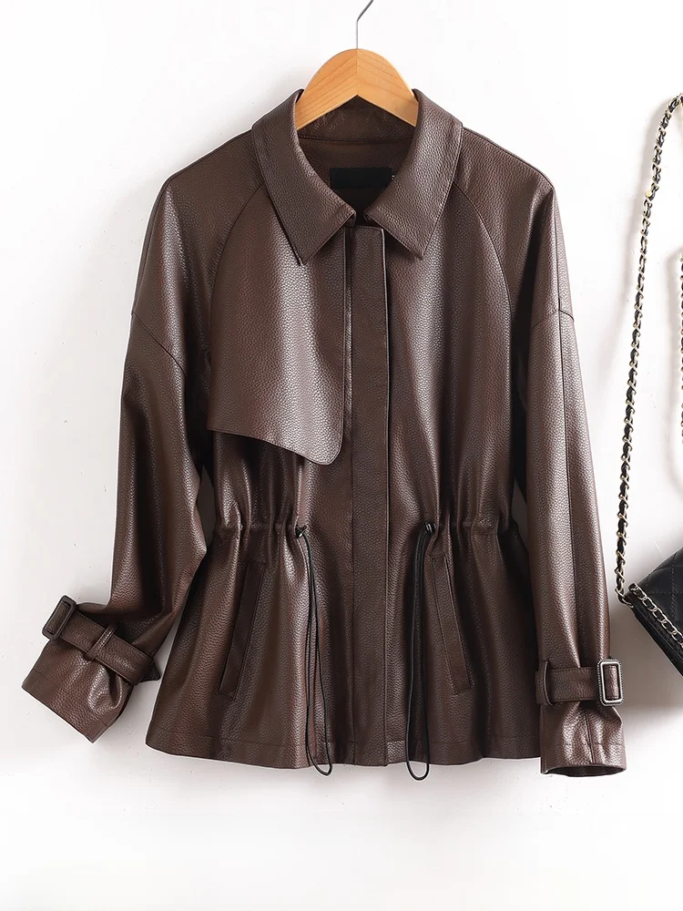 معطف نسائي من جلد الغنم الأصلي من هاير نينغ، متوسط الطول، يحدد الخصر، بنمط الليتشي، للربيع والخريف، تصميم كوري نحيف #3