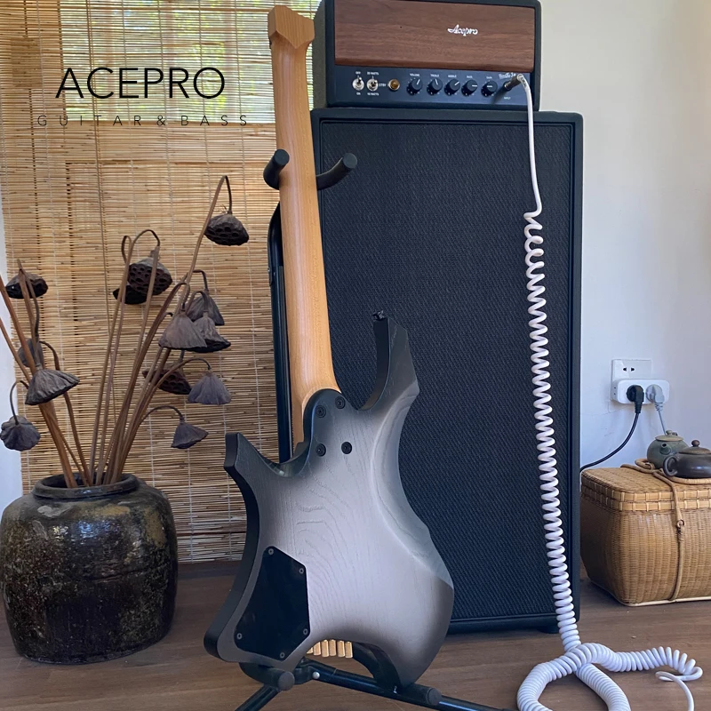 In Stock Acepro Gray Burst CAcepro New Headless Electric Guitar Jumbo Stainless Steel Oblique Frets, Reinforcement in the Neck