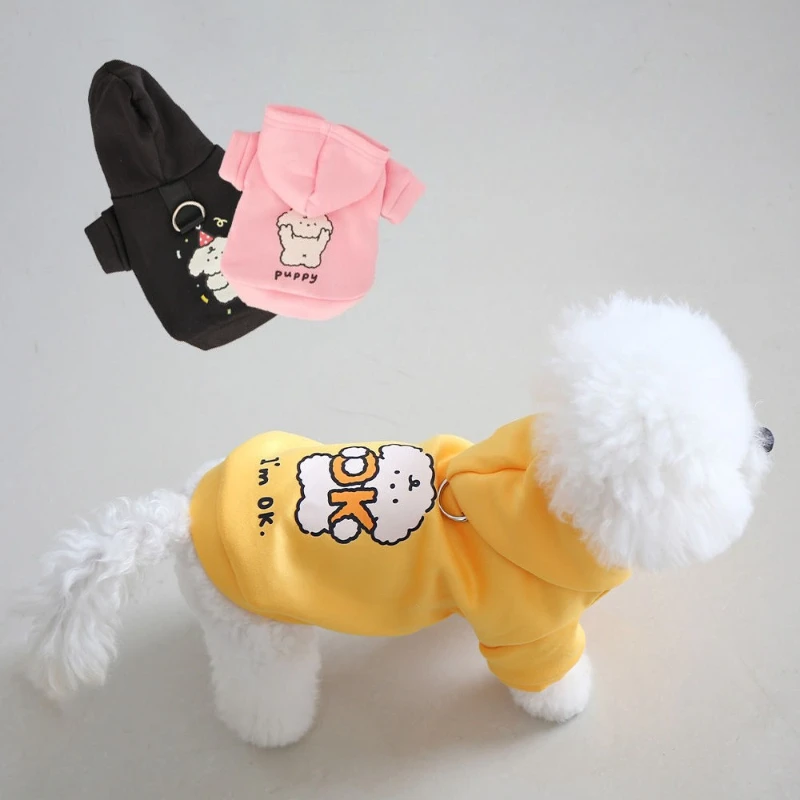 Herfst- en winterkleding voor katten en honden met capuchon, schattig sweatshirt met capuchon en kleine hondenprint en kleding met trekkoordgesp