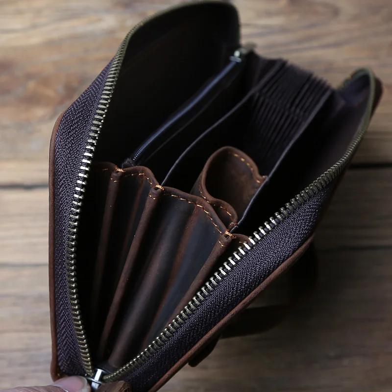 NZPJ Vintage Herren Lange Leder Geldbörse Crazy Horse Leder Handytasche Natürliches Rindsleder Clutch Bag Multifunktionale Geldbörse Kartentasche – Detail 13