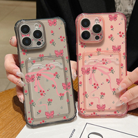 Shockproof Card Slot Pocket Clear Case For iPhone 16e 16 15 14 13 Pro Max 12 11 Pink Bowknot Printed Soft TPU Phone Cover Fundas