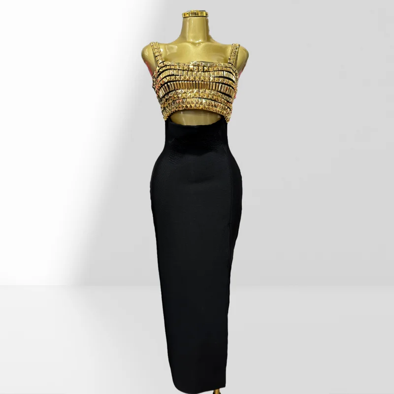

Golden Metal Shet Sexy Hollow Out Black Bandage Ankle Length Dress Fashion Woman Evening Party Dress Celebrity Party Vestido