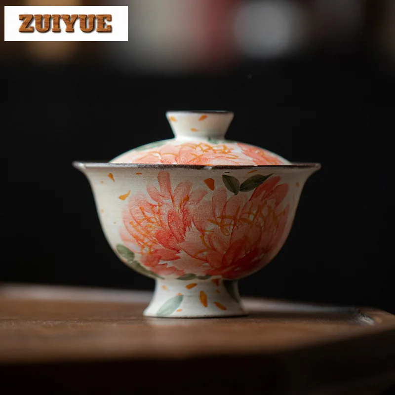 

120ml Hand Drawn Peony Rough Pottery Gaiwan Traditional Tea Tureen Tea Bowl With Lid Kit Tea Making Cover Bowl Tableware Craft