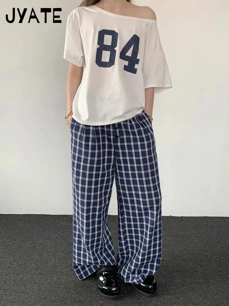 American Blue Plaid Straight Long Pant Women New Casual Buttons High Waist Pockets Loose Trousers Vintage Casual Baggy Pants Y2K