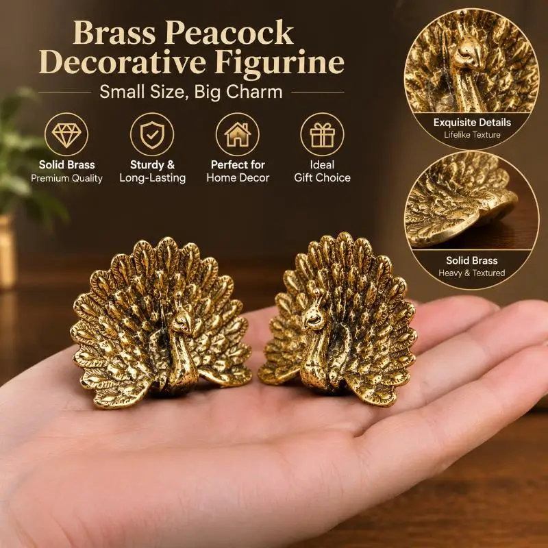 Vintage Peacock Decor Figurine Antique Brass Small Statue Portable Tabletop Ornament for Bookshelf TV Stand Home Decor