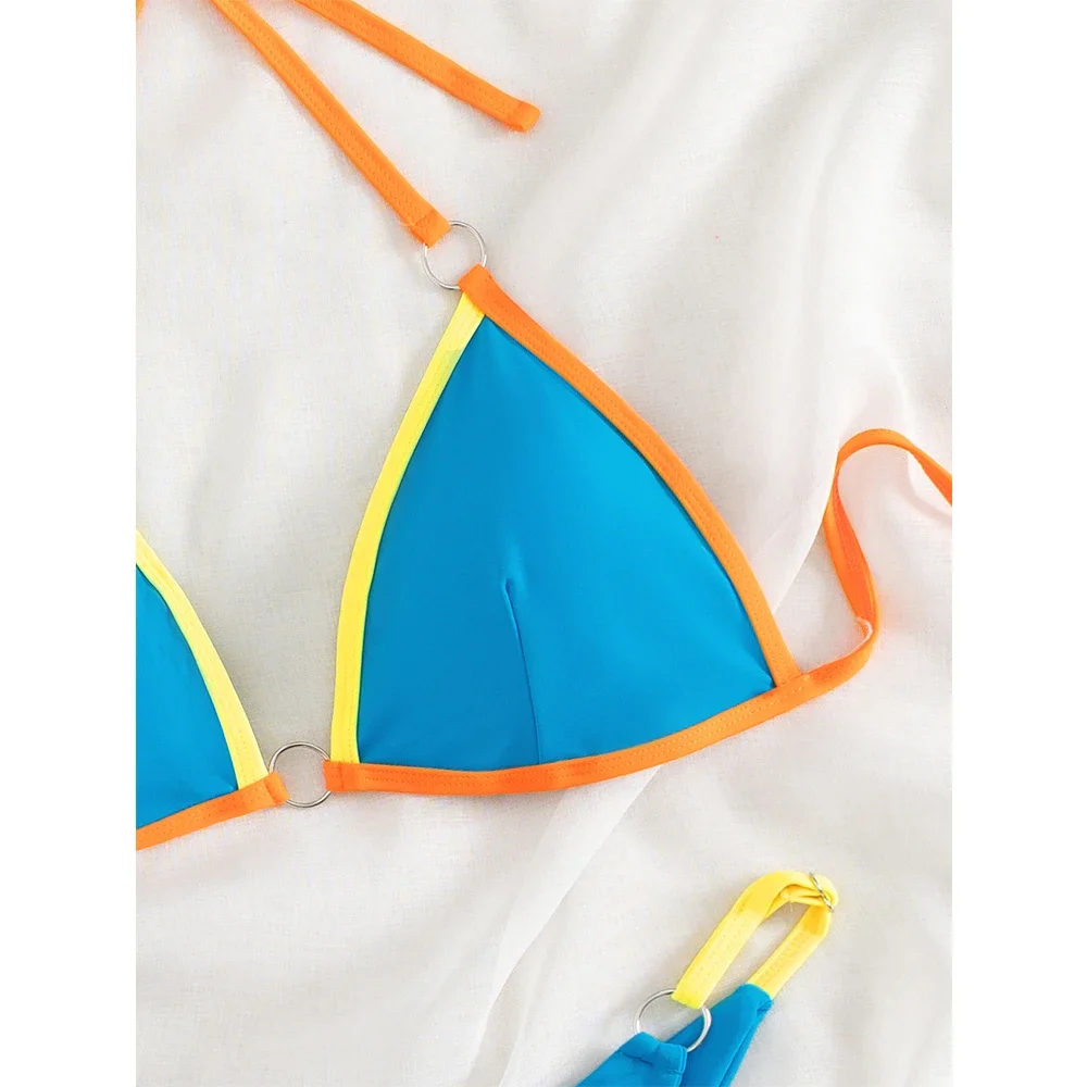 Costume da bagno patchwork blu arancione donna 2023 perizoma a vita bassa bikini a 2 pezzi triangolo coppa con scollo a V costume da bagno costumi da bagno costumi da bagno