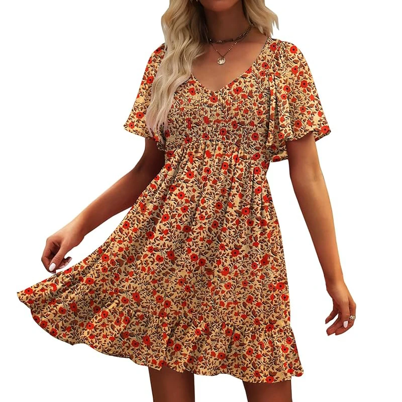 Mini abiti da donna con stampa floreale carina, scollo a V, maniche svolazzanti, casual, da spiaggia, estivi, con volant