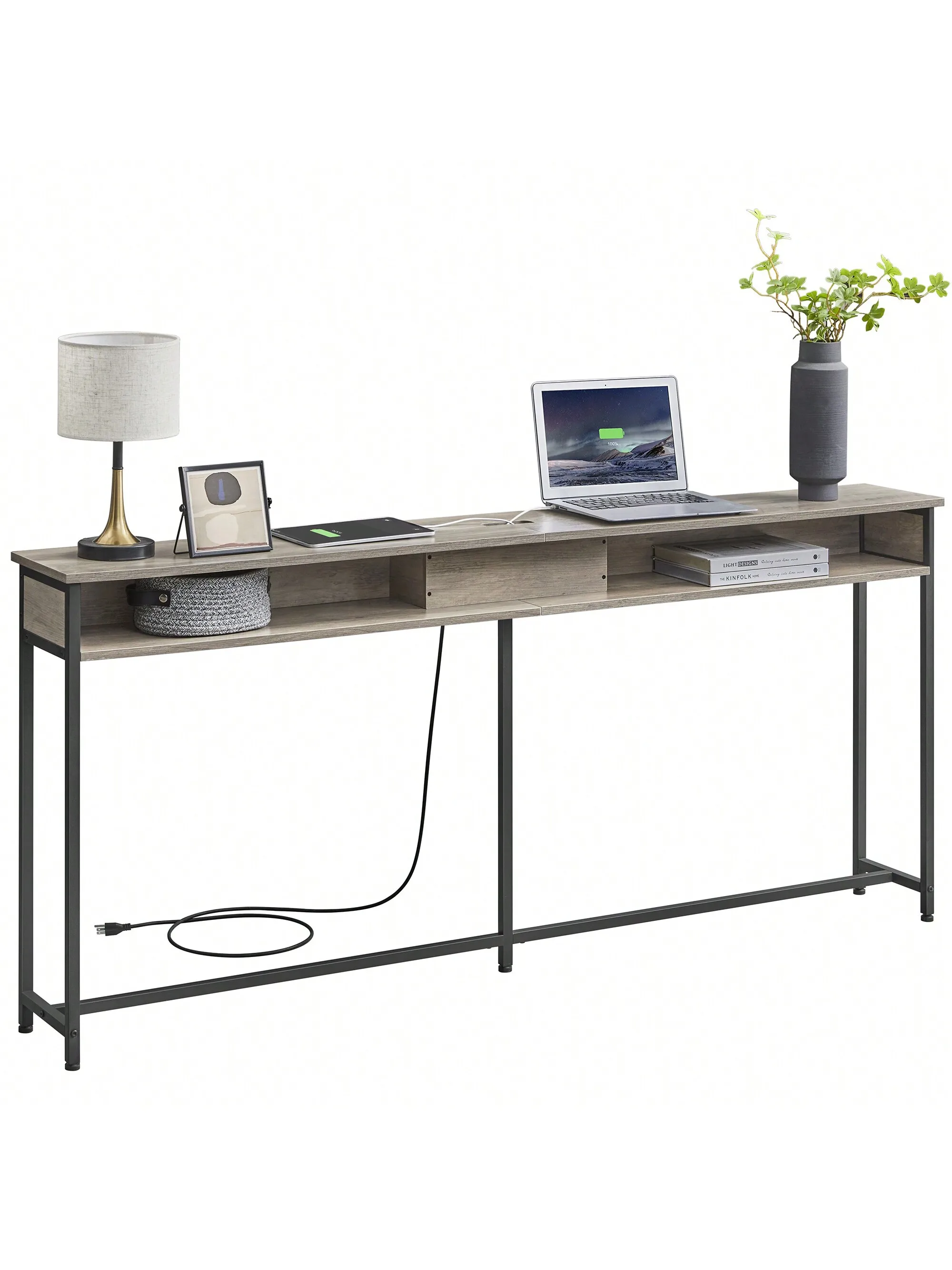 

VASAGLE 70.9-Inch Console Table with Outlet and Shelves, Sofa Table with Charging Station, Behind Couch Table Skinny