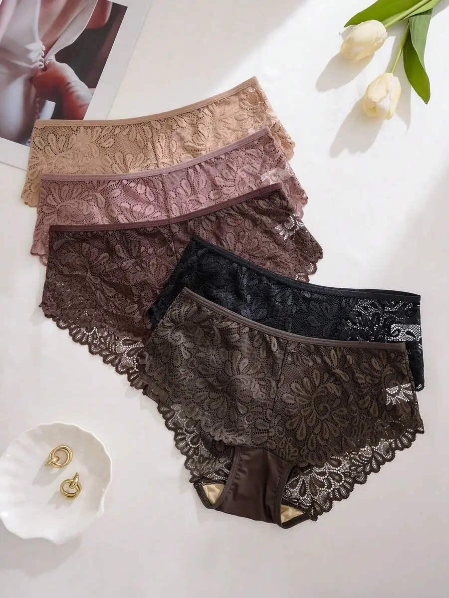 

5 Pcs Womens Lace Hollow Out Mid Waist Briefs