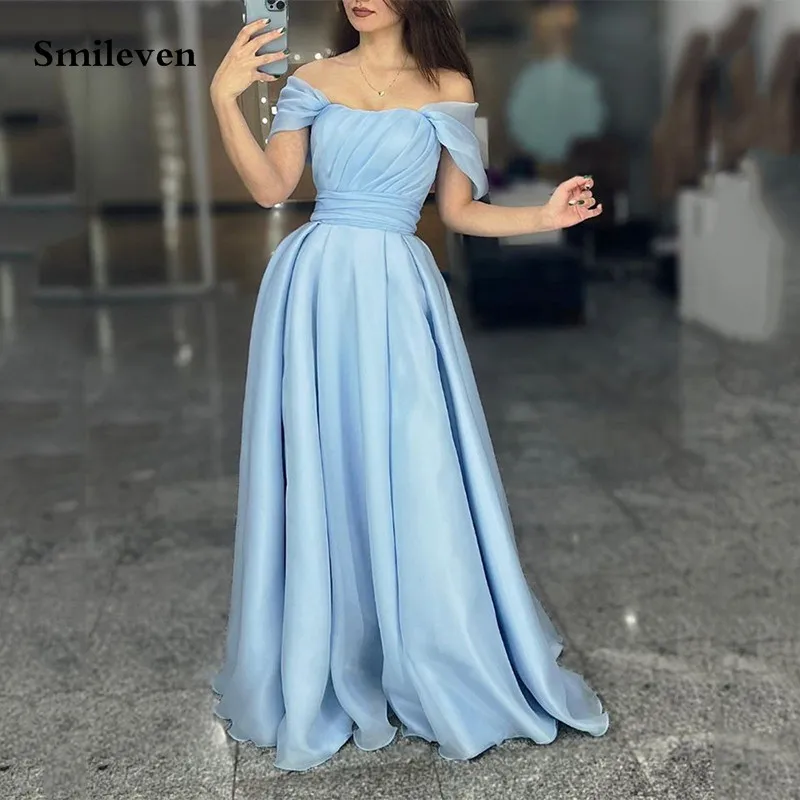 

Smileven Sky Blue Organza Formal Evening Dresses A Line Prom Gowns Robe De Mariee Off The Shoulder Prom Party Dress