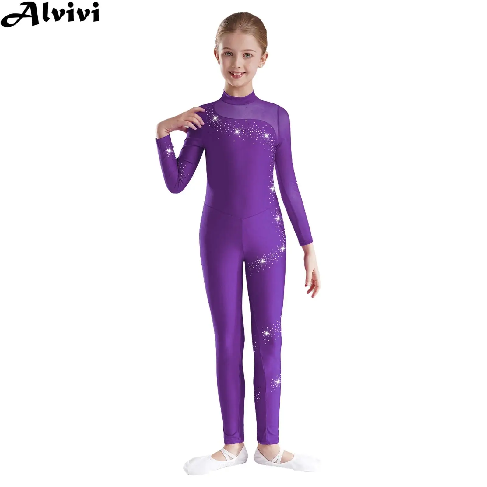 Kids Girls Figure Skating Performance Jumpsuit Ballet Dance Gymnastics Acrobatics Yoga Bodysuit Long Sleeve Rhinestone Leotard