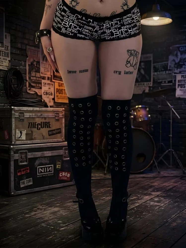 Punching Design Sense Summer New Elastic Black Knee High Socks Fashion Subculture Y2K Knee High Socks Long Tube Socks Jk Socks