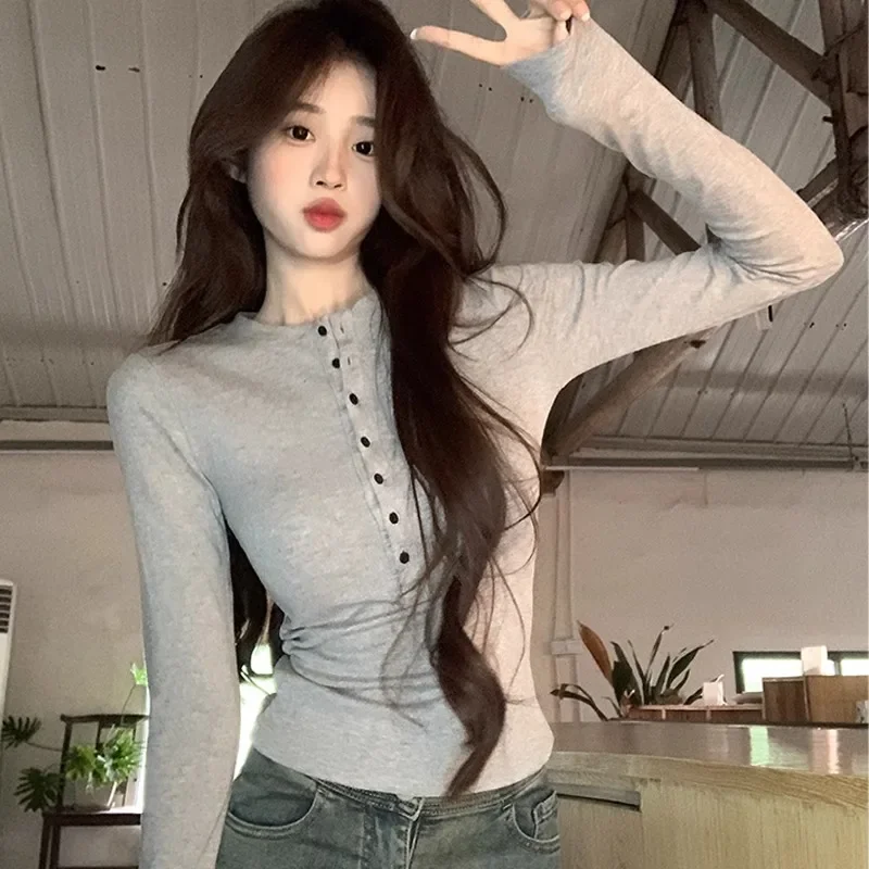 Autumn Winter Y2k Crop Women Long Sleeve T Shirt V Neck Slim Pullovers Solid Basic Button Tee Female Streetwear Casual Base Tops