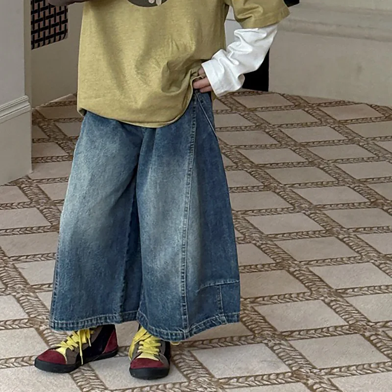 

2025 Autumn/Winter Boys' Korean Street Style Denim Wide-Leg Pants - High Waist, Skin-Friendly, 9-Point Length, Trendy Must-Have!