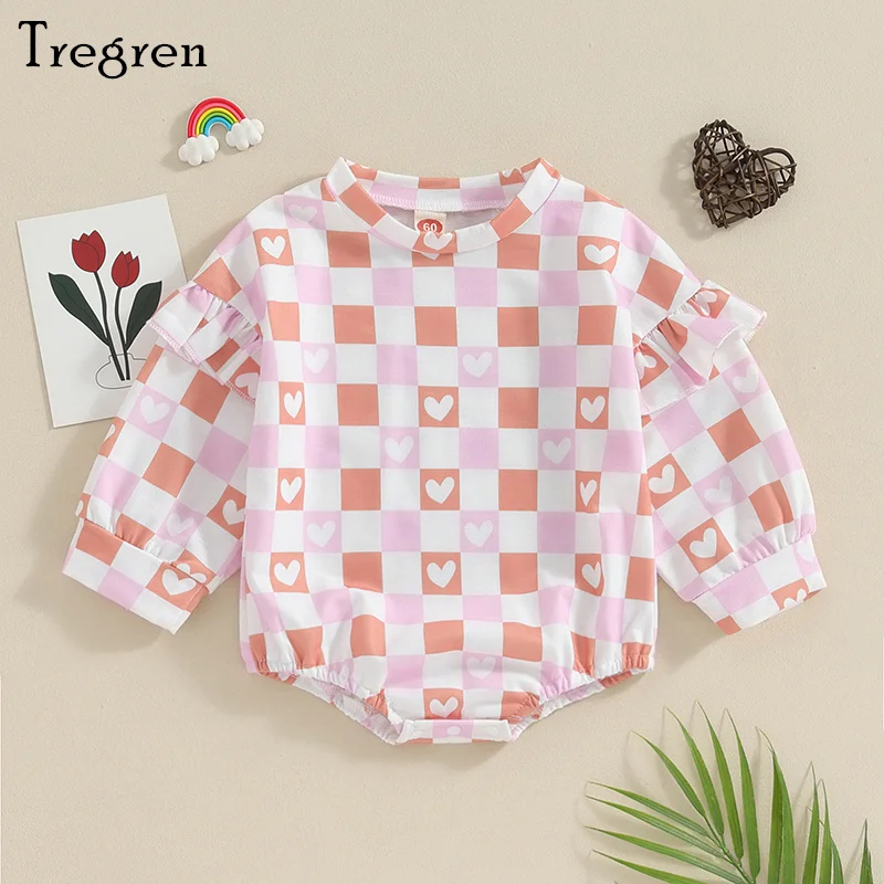 

Tregren 0-18M Newborn Baby Girl Sweatshirt Romper Cute Ruffle Long Sleeve Heart Plaid Print Bodysuit Infant Spring Clothes