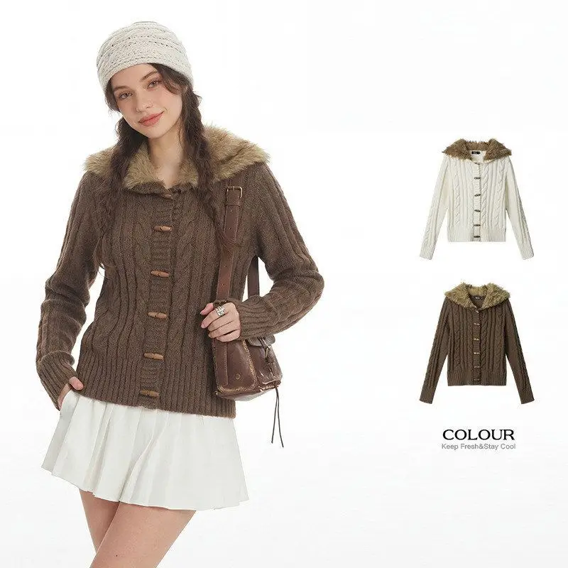 เสื้อไหมพรมผู้หญิงทรงเข้ารูป แบรนด์ HeyHenry สำหรับฤดูใบไม้ร่วงและฤดูหนาว แต่งปกขนสัตว์ ดีไซน์บิดเกลียว แขนยาว สีพื้น