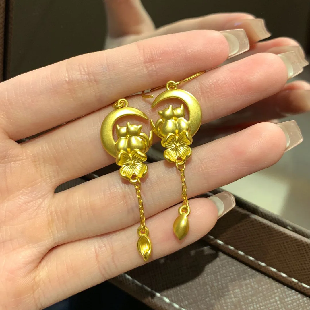 

Antique gold crafts glossy moon flowers cat earrings for women fashion light luxury Chinese style tassel earring banquet jewelry