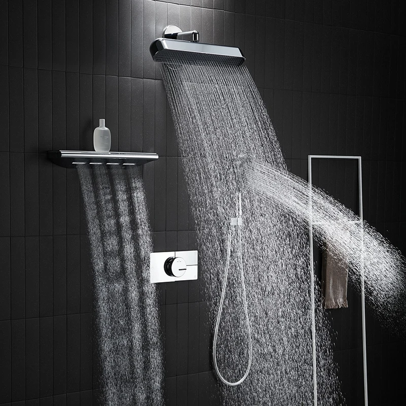 

Белый душевой комплект для ванной комнаты: настенная лейка, скрытый термостатический смеситель из латуни, трехфункциональная ручная лейка