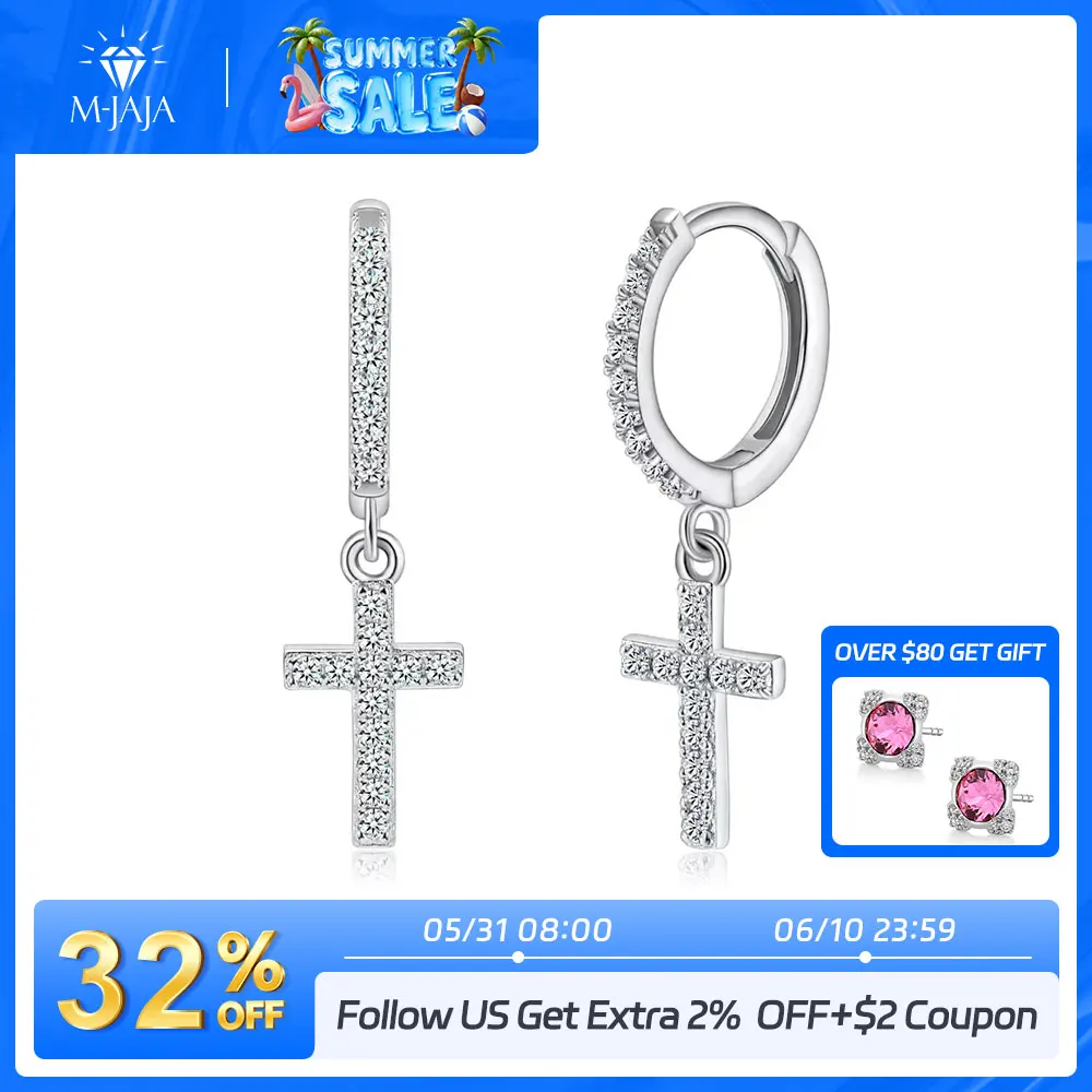 

M-JAJA Full Moissanite Earrings for Men/Women Cross Drop 925 Sterling Silver Hoop Earrings D Color VVS1 Hip Hop Couple Jewelry