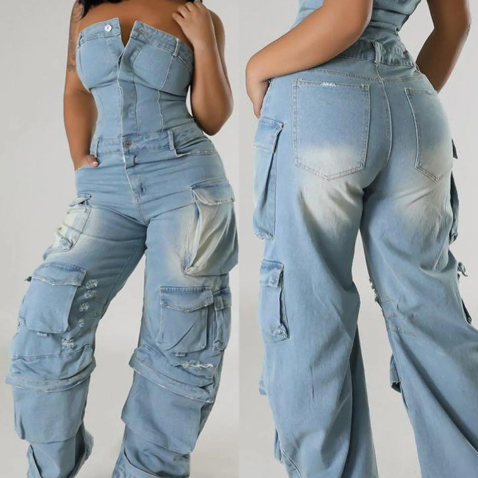 Tuta per donna Sexy Off spalla tubo Denim Cargo tute larghi pantaloni jeans gamba larga pagliaccetto Multi-tasca Streetwear generale