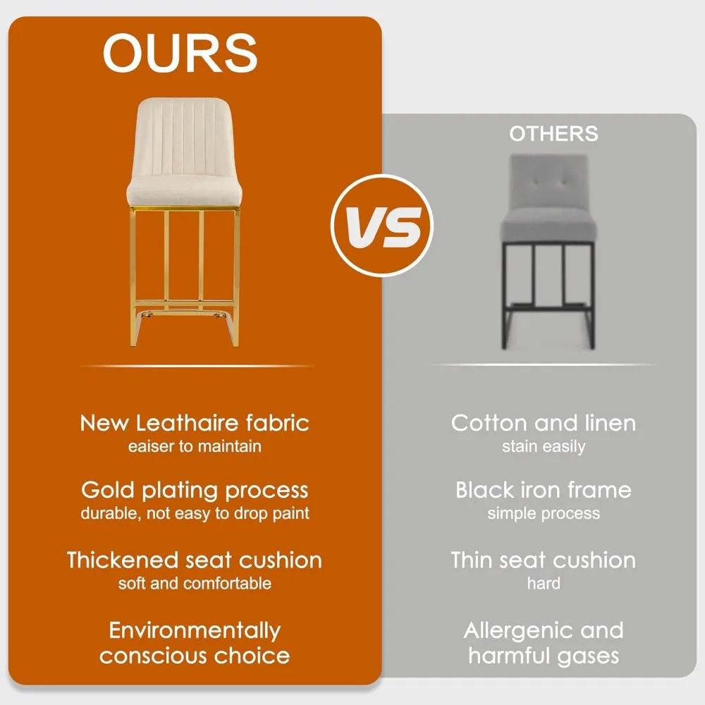 Bar Stool Set (2 Stools), 24 Inches High, with Padded Backrests, Leather, Gold-plated Metal Frame