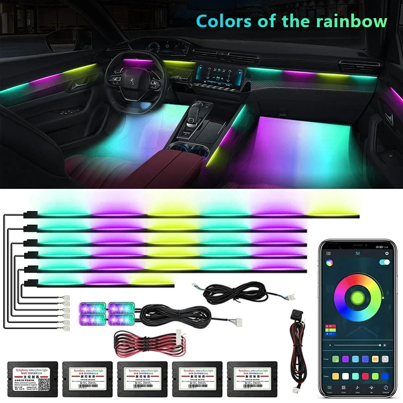 6/10/14/18/22 in 1 Led Car Hidden Ambient Light Symphony RGB 64 Color Bluetooth APP Interior Acrylic Matt Black Strip Backlight