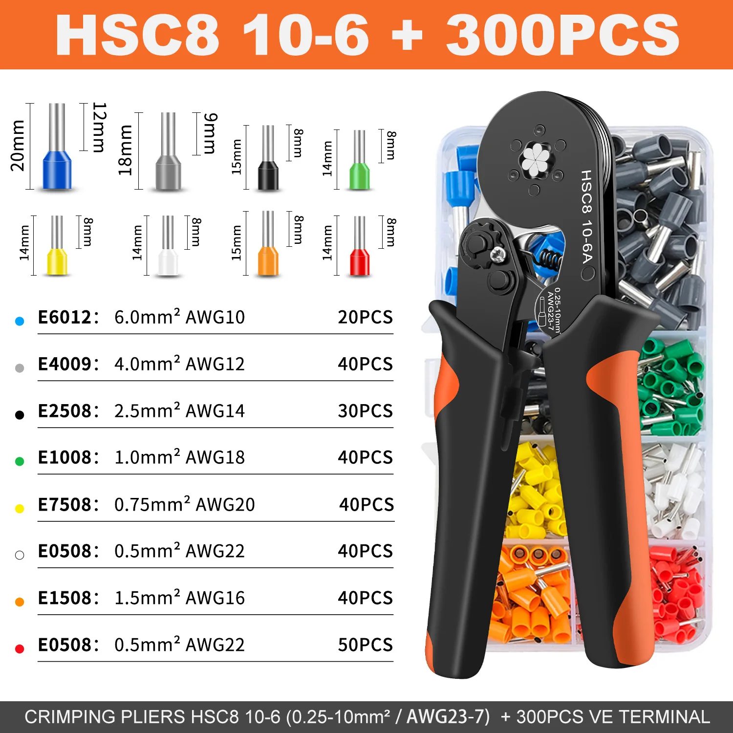 

Hexagonal Self-Adjustable Ratchet Ferrule Crimping Tool Kit 23-7AWG 0.25-10mm² Crimper Kit with Ferrule Sleeves Wire Terminals