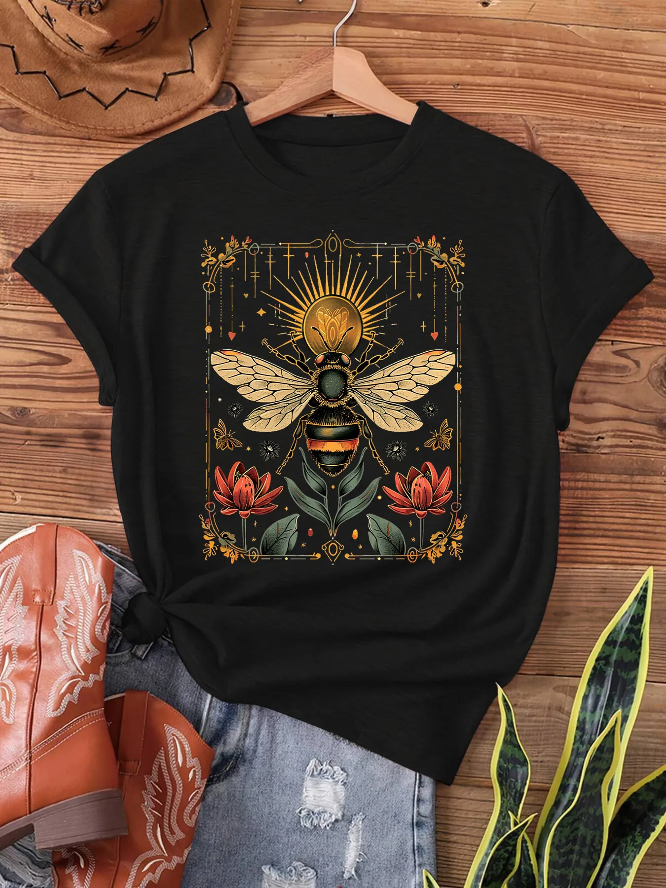 Bohemian Bee Floral Women's Tee - Vintage Art Graphic, Casual Boho Top