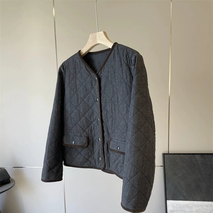 

Aimtill 2025 Autumn Winter round Neck Diamond Pattern Cotton Jacket Single Button Short Outerwear Ladies Fashion Cotton Coat