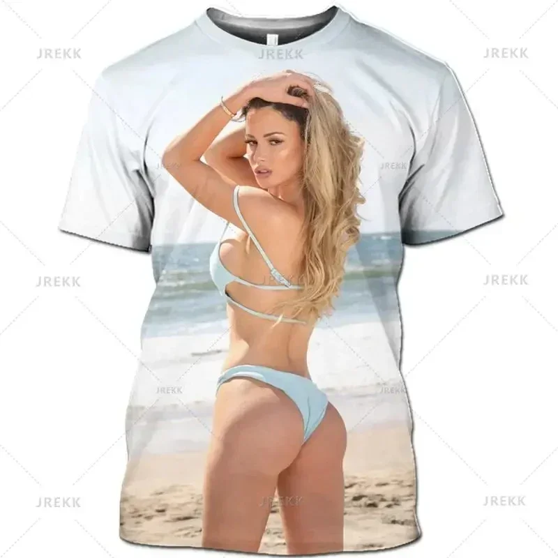 New men's casual short sleeve T-shirt 3D printed sexy model pattern Bikini beach top girl beauty pattern round neck T-shirt