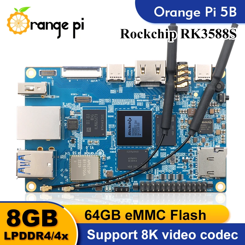 Orange Pi 5B + Metal Shell 8GB Ram Single Board Computer RK3358S 64GB EMMC Wifi-BT Development Board Pi 5 B Run Debian Ubuntu OS