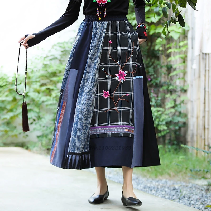 2025 traditional chinese vintage skirt national flower embroidered patchwork skirt oriental folk elastic waist a-line skirt