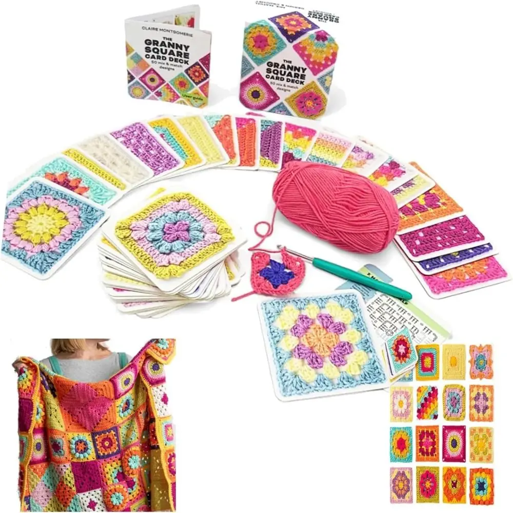 Embroidery Thread Knitted Pattern Cards Set Braided Rope Wrapping Granny Square Card Deck DIY 50 Cards Knitting Kit for Adults