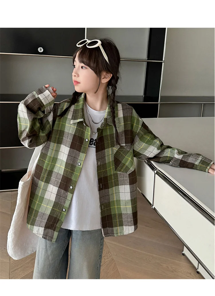 Koreanischer Stil, langärmliges kariertes Hemd für Teenager-Mädchen mit Tasche, neue Mode-Streetwear-Oberbekleidung für Kinder, Baumwollbluse für Kinder im Alter von 5-14 Jahren. – Detail 9