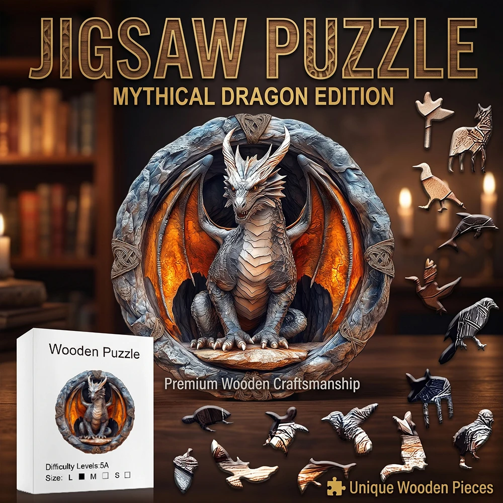Vintage Stone Circle Dragon Wooden Jigsaw Puzzle, Unique Irregular Animal Shaped Pieces, 5A Advanced Difficulty, Family Stress Relief Game, Framable Wall Art Decor, Fantasy Dragon Lover Birthday Xmas Gift