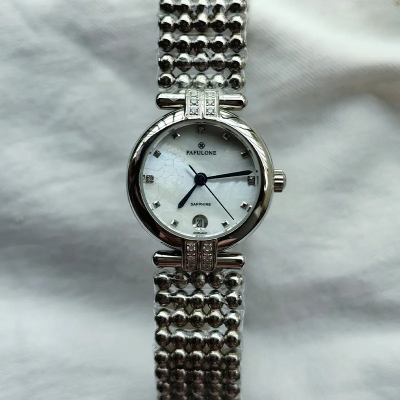 25MM Women's Quartz Watch Jewelry Mother of Pearl Literal Waterproof Stainless Steel Watch Calendar Stone Inlaid Sapphire Glass