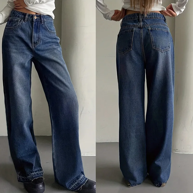 

Denim Jeans Women Solid Jean Button Pocket Zipper Fly Empire Waist Full Length Wide Leg Pants Loose Fit Office Lady 2025 Autumn