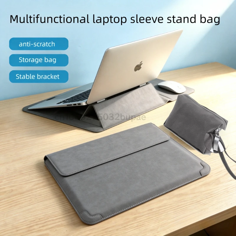 2 in 1 Laptop Bag Sleeve with Built-in Foldable Stand Detachable Power Charger Storage Pouch Shockproof Notebook Carrying Bag