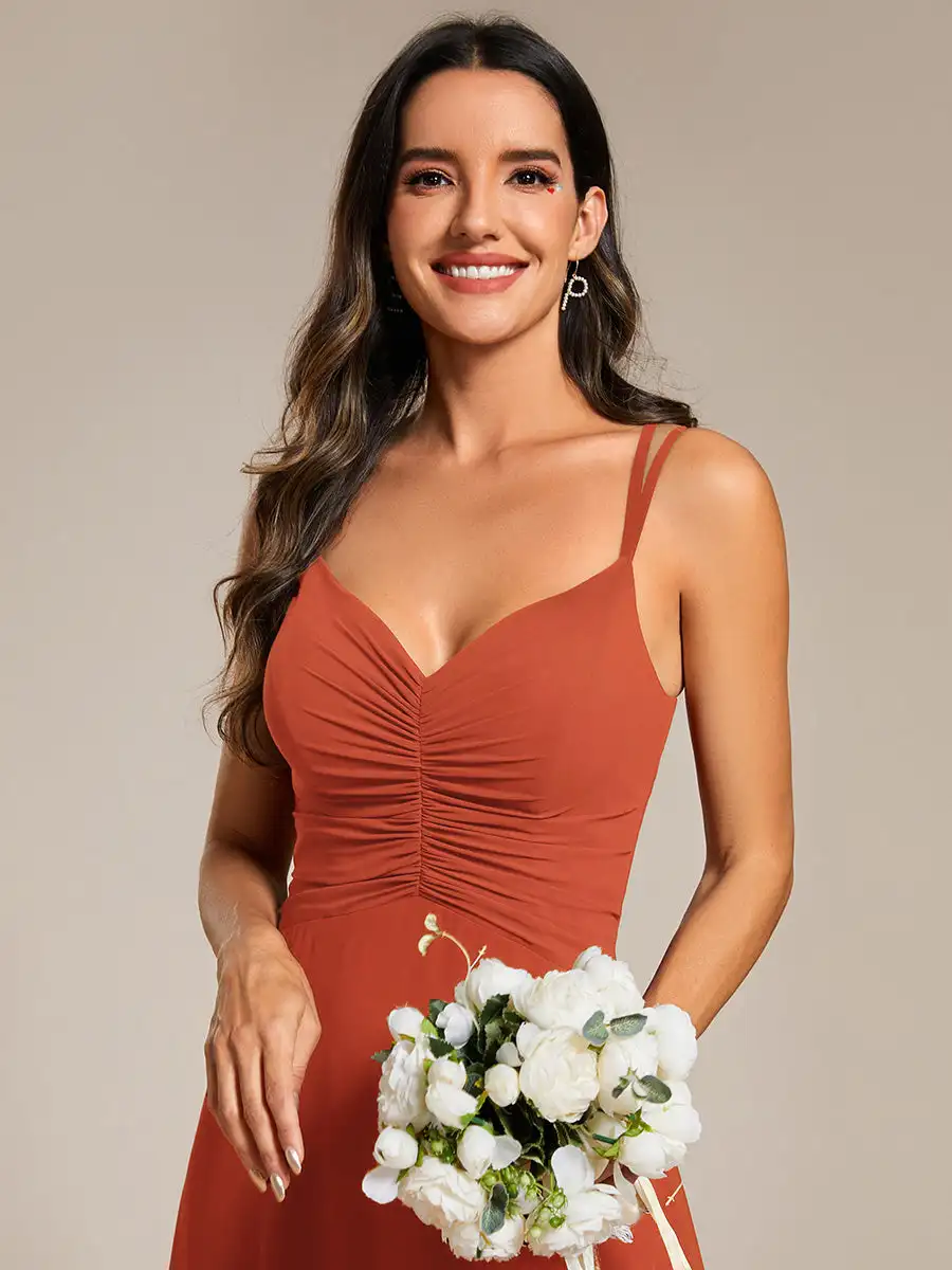 Elegant Evening Dresses V-Neck Flowy Pleated Adjustable Straps 2024 Ever Pretty of  Burnt Orange Chiffon Bridesmaid Dress