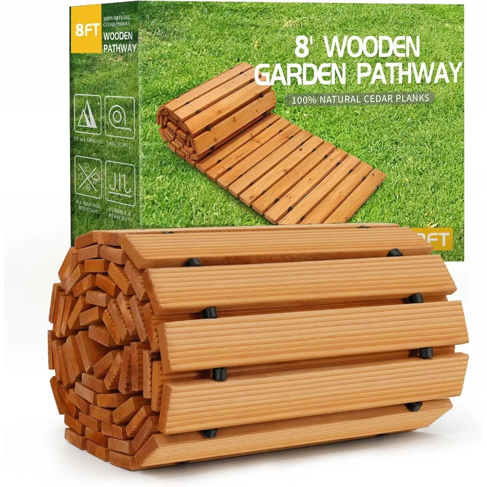 8' Wooden Garden Pathway,Outdoor Roll Out Cedar Straight Walkway,Patio Path Decorative Garden Boardwalk Walkways