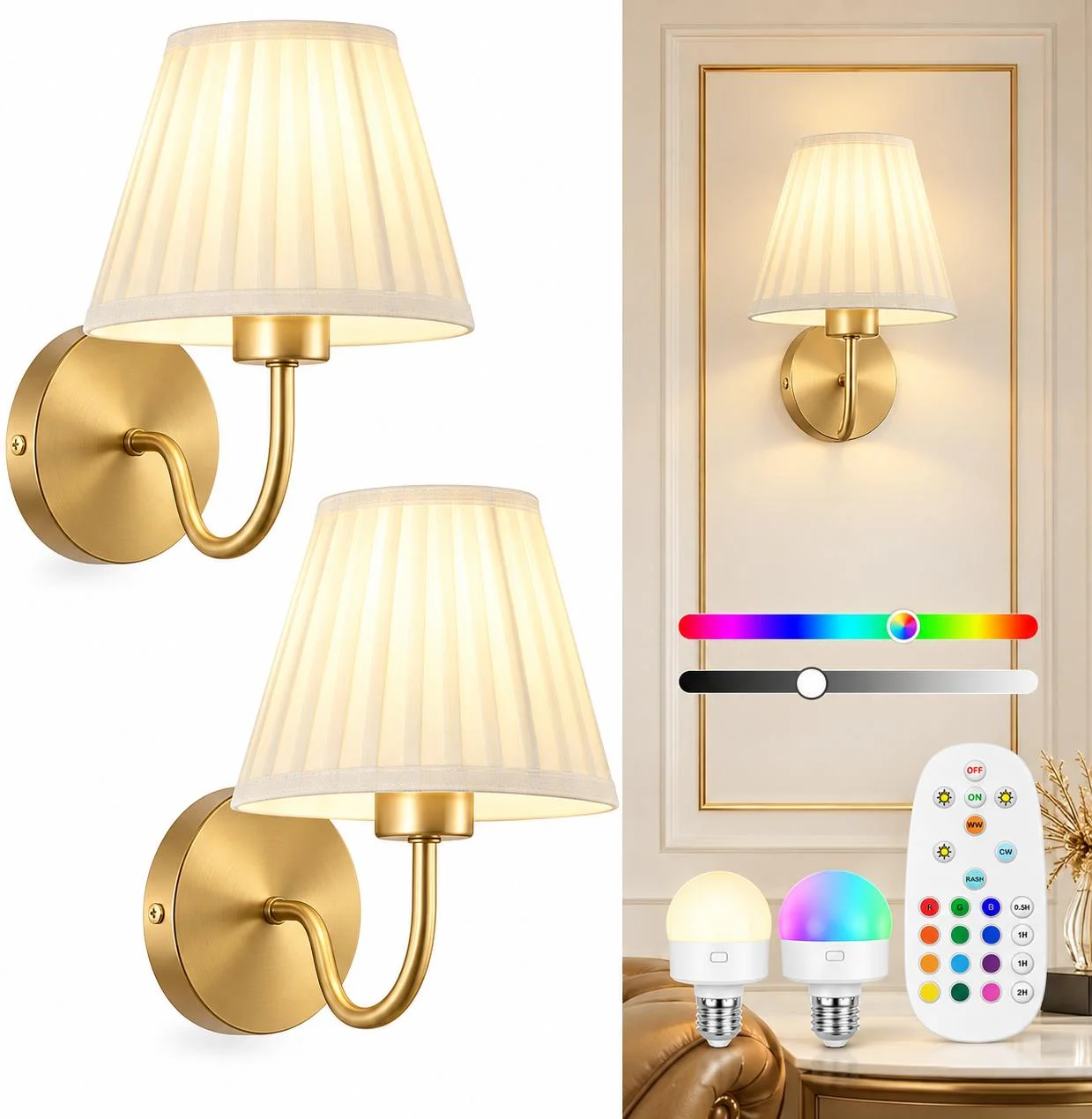 2 Pack Gold Rechargeable Wall Sconces, No Drilling Peel & Stick Wireless Wall Lights, Battery Operated Wall Lamps with 2800mAh B