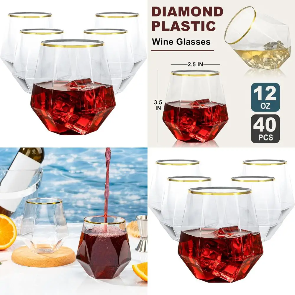 

Set of 40 Gold-Rimmed 12 Oz. Disposable Plastic Wine and Whiskey Glasses for Special Events and Everyday Use