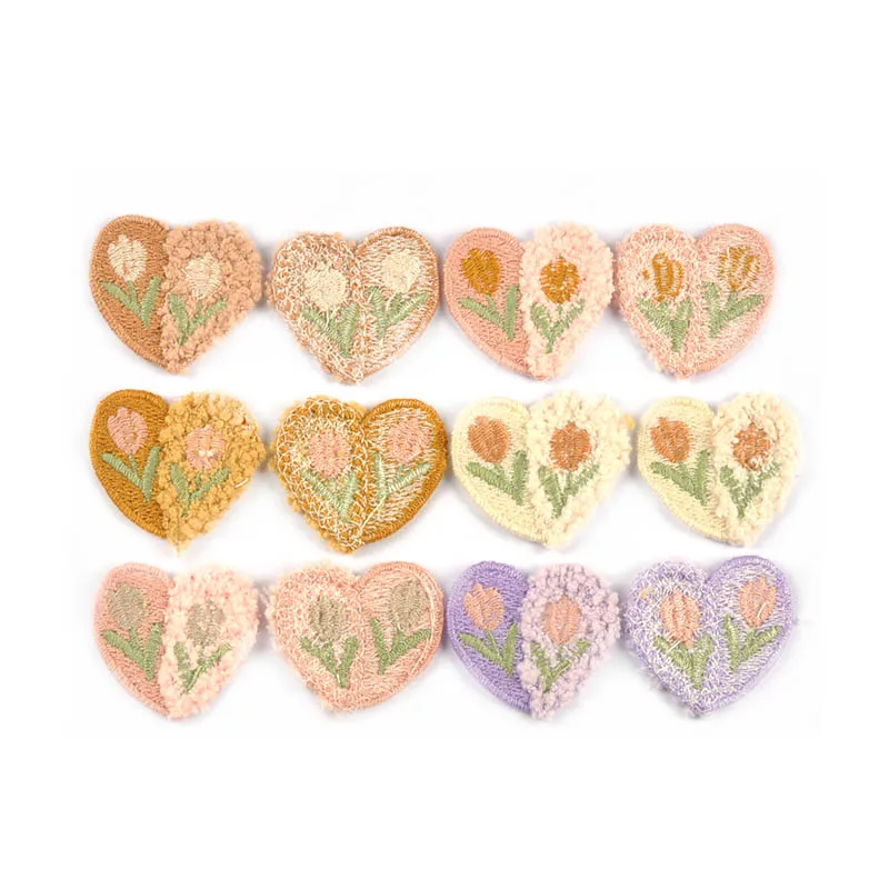 10pcs 34x30mm Heart Shape 2-color Patchwork Tulip Pattern Patches Embroidery Sewing Clothing Accessories Kids Headdress Decor