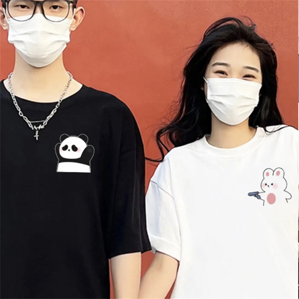 Interesting Cartoon Surrender Panda Print Couple T-shirt Tee Top 240g Cotton Casual Loose Short Sleeve Tshirt For Lover Gift