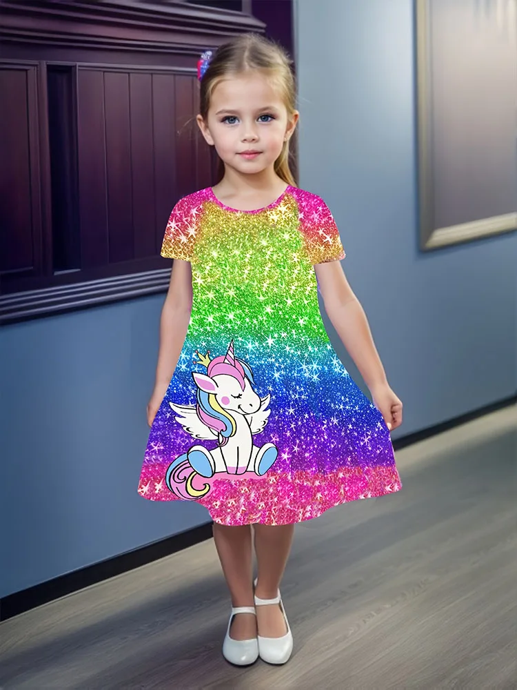 Girls Chic Color Block Unicorn Print Short Sleeve T-Shirt Dress Casual Dresses Summer Outwear