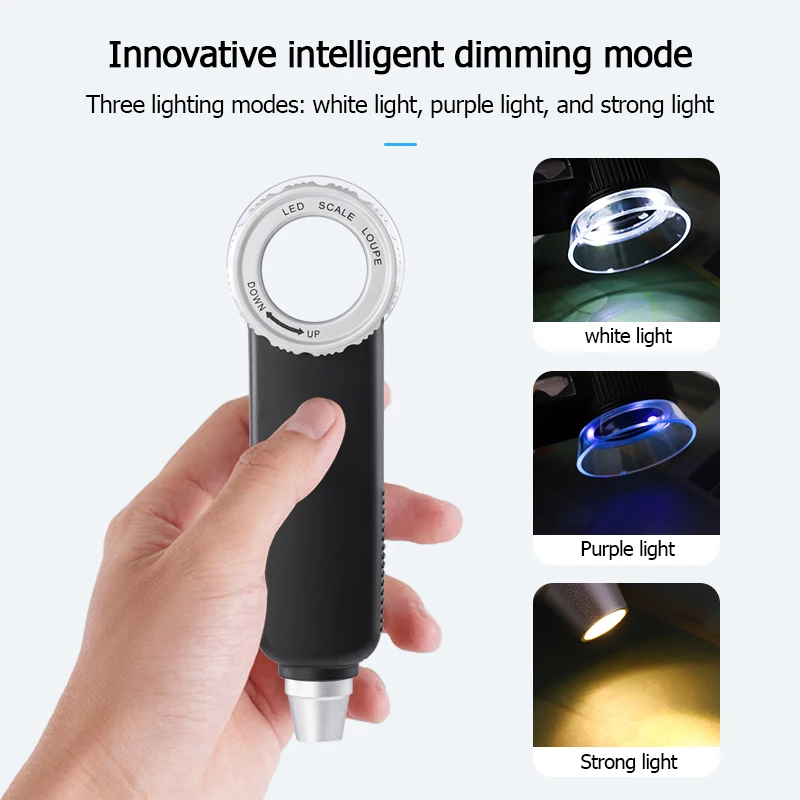 30X Handheld Magnifier 3-Colors Lights USB Charging Handheld Magnifying Glass 2-Layers Optical Lens For Reading Jewelry Repair