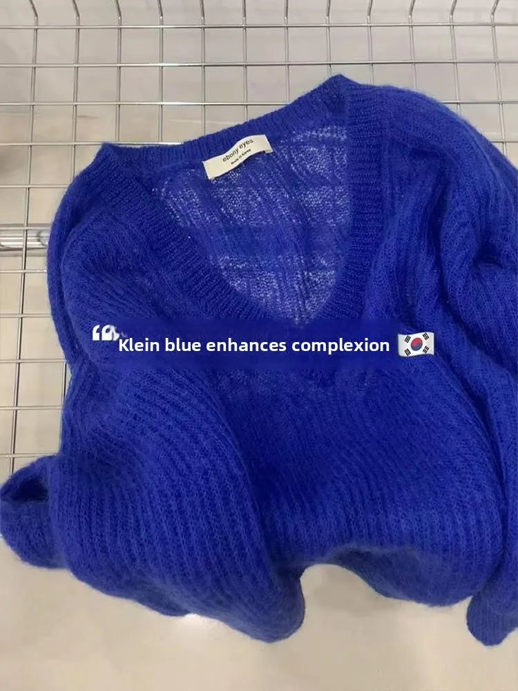 

Klein Blue Women's V-ne Knitwear Raccoon Fur White-enhancing Autumn Winter High-ade Loose Fit Long Sve Korean Sle