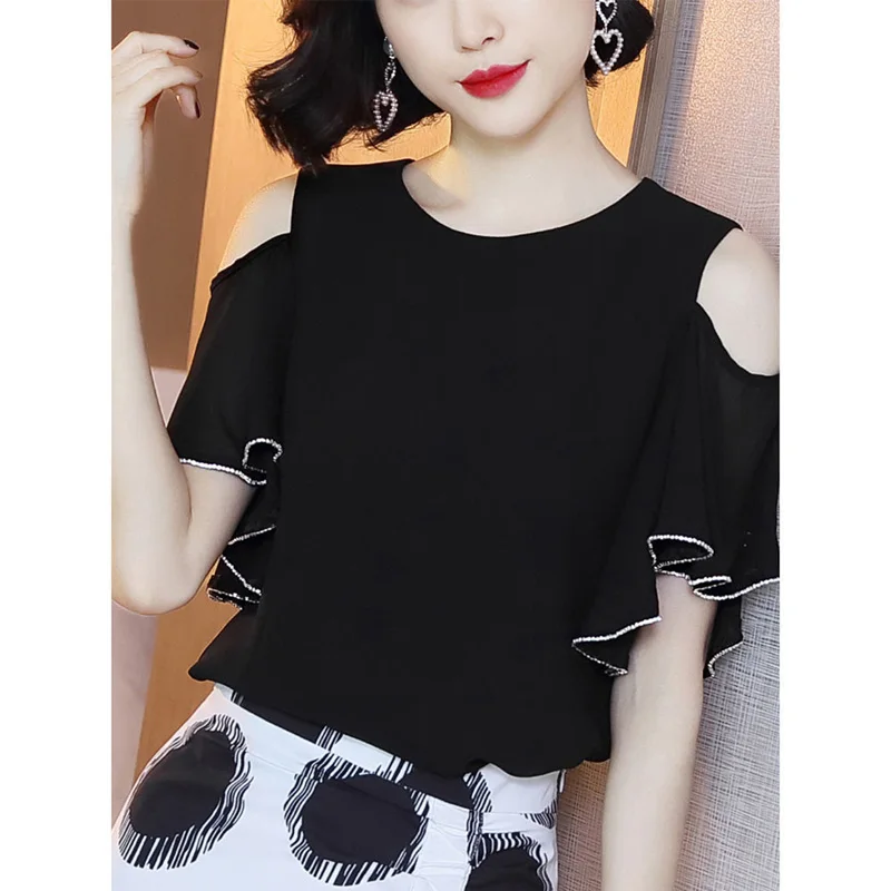 Fashion Off Shoulder O-Neck Spliced Ruffles Oversized Loose Hollow Out Chiffon Shirt Summer Casual Tops Commute Women\'s Blouse