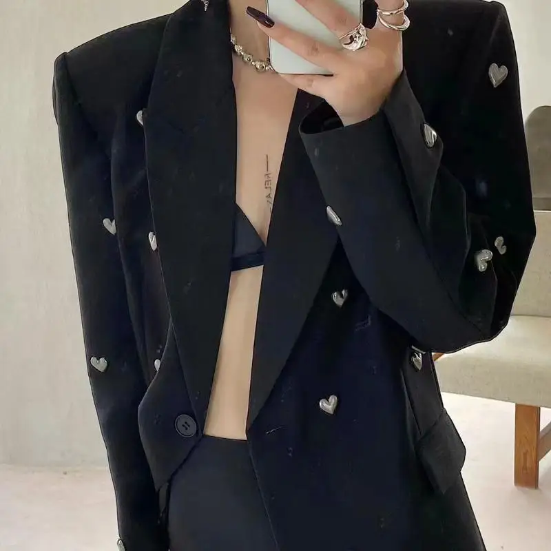 2023 Autumn Fashion 3D Love Rivet Metal Heart Studded Black Casual Jacket Blazer Long Sleeve Single Button Outwear Coats