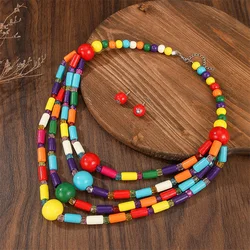 New 1set Handmade Multi Layer Wood Necklace Earrings Set Statement Chokers Collar Ethnic Colorful African Jewelry set Gifts